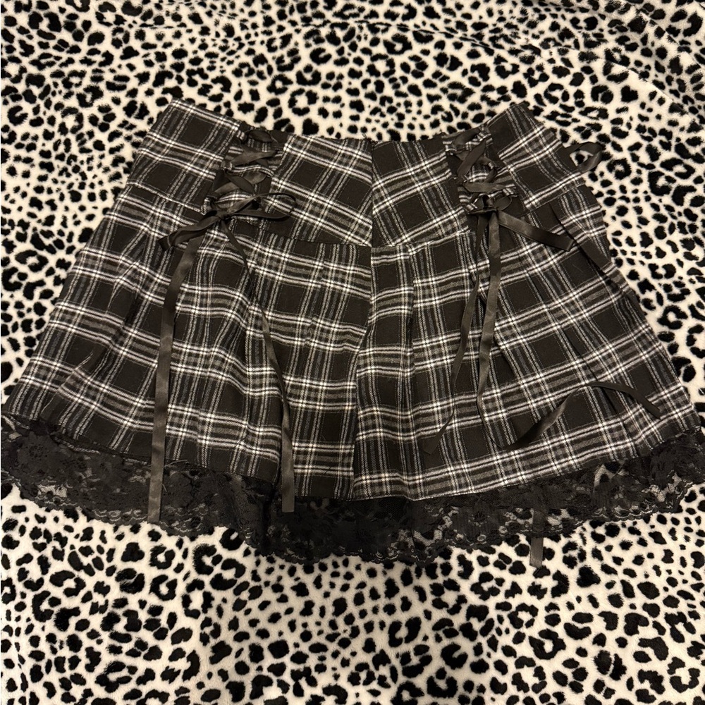 Black and White Plaid Skirt with Lace and Bows